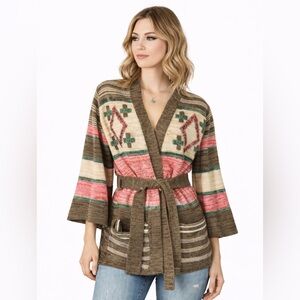 Vintage 70s Karilynn by Marine Imports Space Dye Wrap Cardigan Boho Sweater FLAW